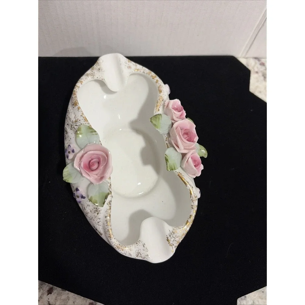 Vintage Lefton Hand Painted China Pink Rose Trinket/Ashtrays Pair Perfect Shape